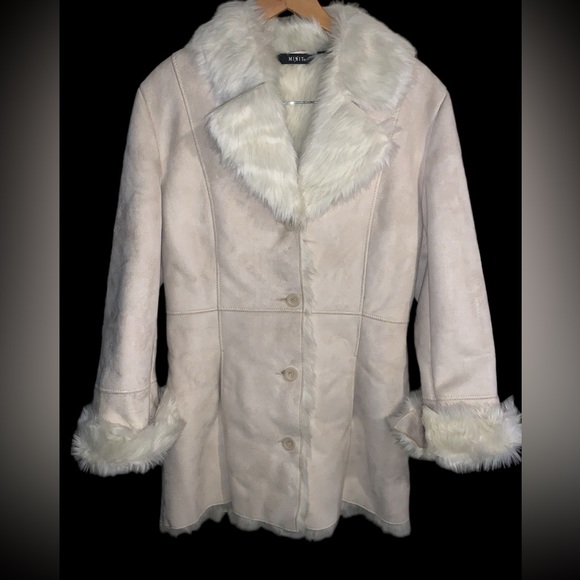 Vintage Mixit Cream Bone Suede Faux Fur Penny Lane Jacket 90s Boho Sz Small - Picture 3 of 13